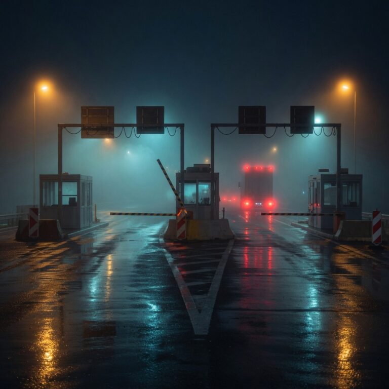 Motorway border checkpoint at night (featured)
