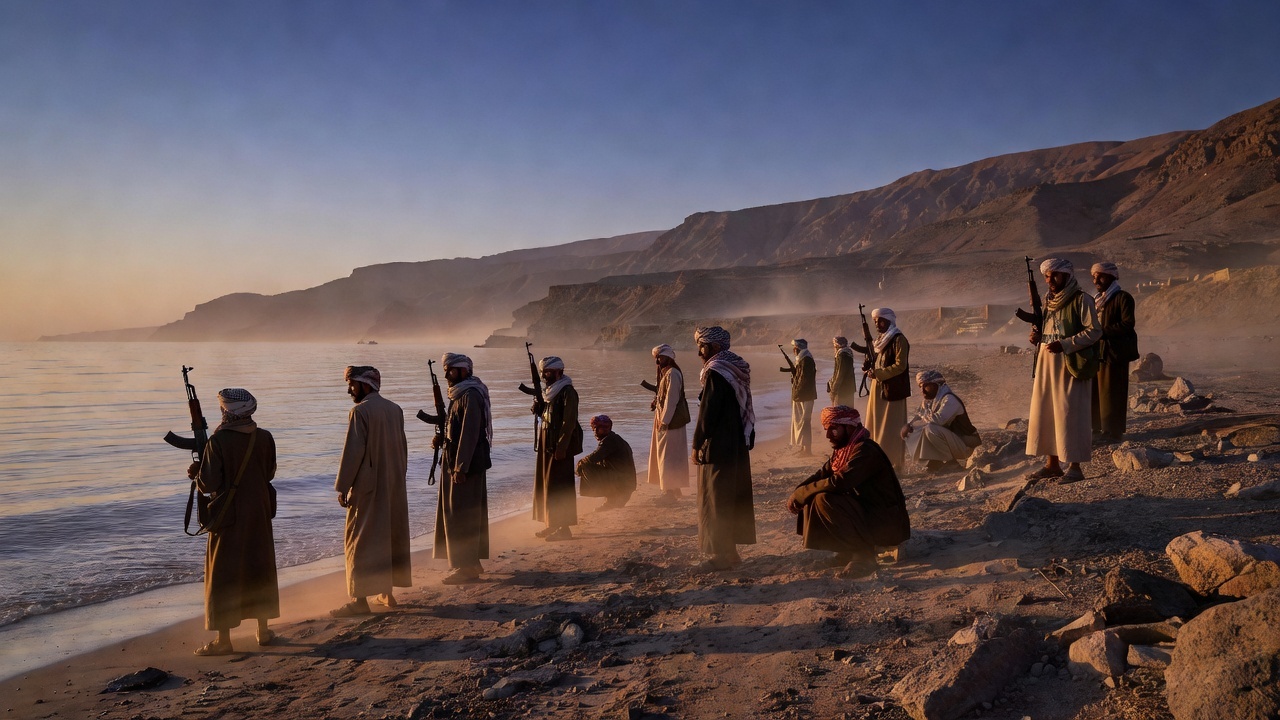 Houthi fighters and a map of the Red Sea coast