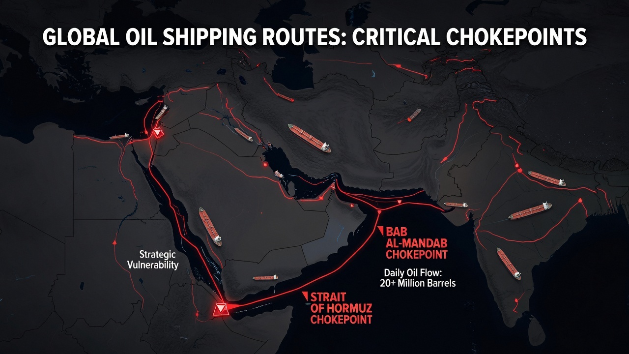Global oil shipping routes through Bab al-Mandab and Hormuz