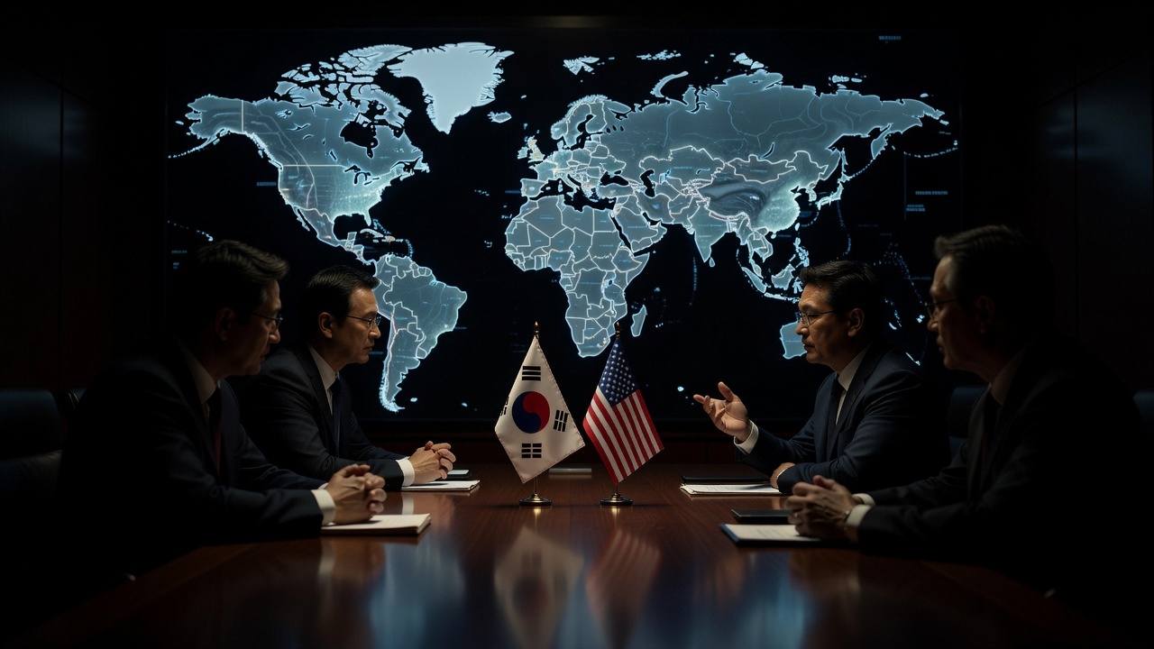 South Korea and United States officials at a briefing with flags on the table