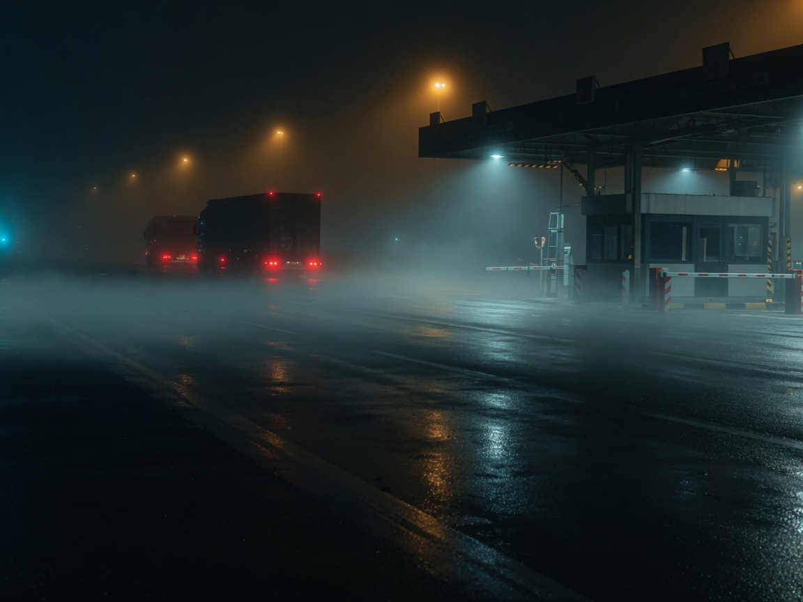 A quiet motorway border checkpoint at night with distant tail lights