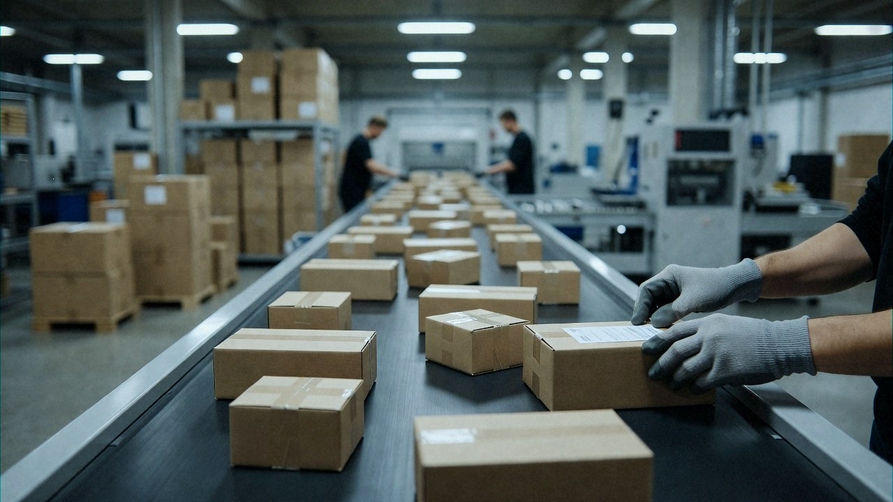 Parcels moving through an EU sorting warehouse