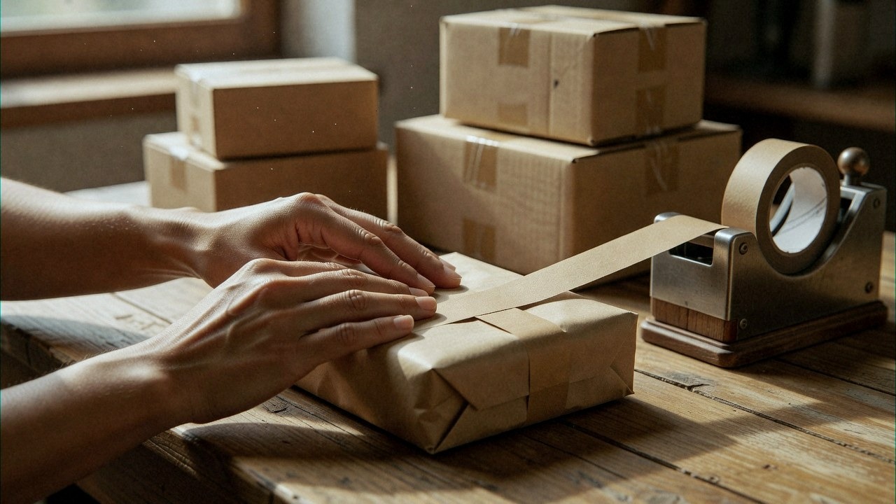 A seller wrapping a small parcel by hand