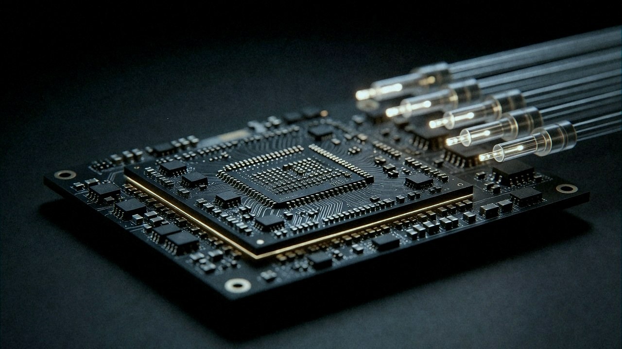 An advanced AI accelerator die married to optical fibre