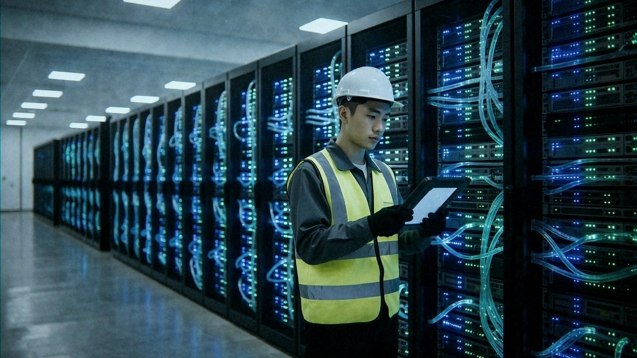 Inside a liquid-cooled AI data-centre hall of the kind Huawei now equips in China
